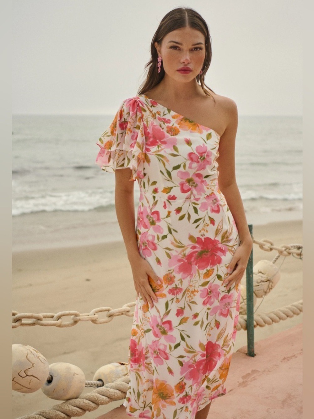Sugarlips One Shoulder Floral Flowy Ruffle Sleeve Midi Summer Dress